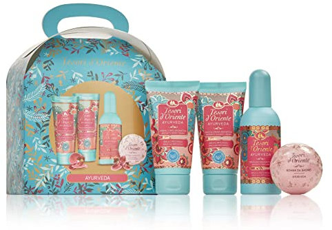 Tesori d'Oriente Cofanetto Ayurveda - Profumo Aromatico 100 ml, Doccia Crema 75 ml, Crema Corpo 75 ml, Bomba da Bagno 100 g