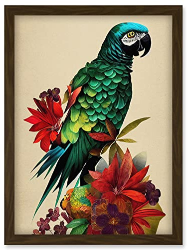 Doppelganger33 LTD Exotic Flowers And Feathers Macaw Parrot And Jungle Blooms Artwork Framed Wall Art Print A4