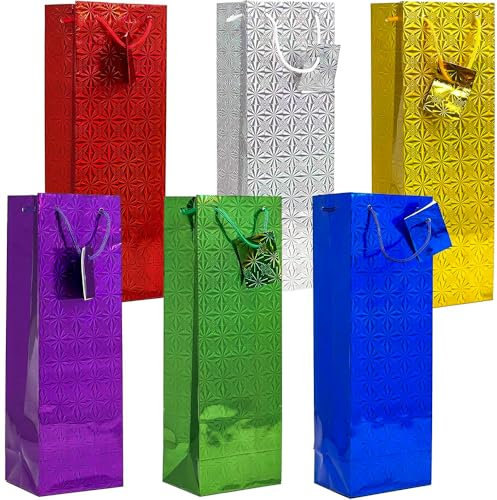 ONE BEST DEAL Holographic Wine Bottle Gift Bags 6pcs for Christmas, Wedding, Birthday, Anniversary Celebrations