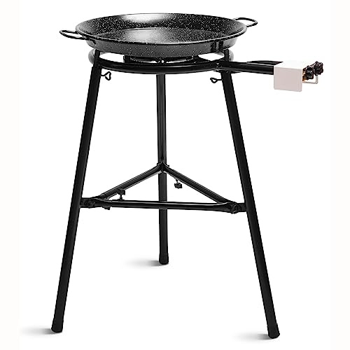 briebe Set Bruciatore a Gas Paellero 2 Fuochi 40-20 cm + Padella per Paella Smaltata 46 cm 12 Porzioni + Supporti 3 Gambe, Robusto Treppiede Regge Fino a 200 KG, Kit Paella