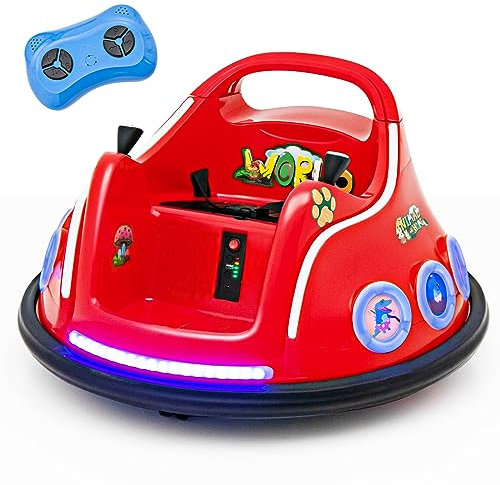 COSTWAY 12V Auto Tamponneuse Électrique Enfants avec Télécommande 2,4G, Voiture Tournante Bébé 360°avec Lumières Clignotantes & Musique, Motif d’Animé, Charge 30kg pour Enfants de 3-8 Ans (Rouge)