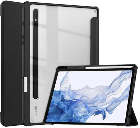 Funda para tablet Samsung Galaxy Tab S8 (SM-X700/X706)/ S7 de 11 pulgadas (T870/T875) con parte trasera transparente, soporte triple de piel sintética, función de apagado y encendido automático, funda