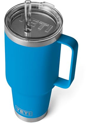 YETI Rambler 42 oz Tumbler with Handle and Straw Lid, Travel Mug Water Tumbler, Vacuum Insulated Cup with Handle, Stainless Steel, Big Wave Blue