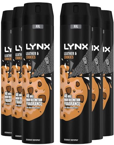 Lynx XXL Bodyspray Leather & Cookies 48H Odour Protection Deodorant, 250ml Pack of 6