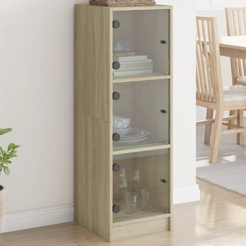 Homvdxl Schlankes Sideboard mit Glastür, 3 Würfel, Aufbewahrungs-Organizer, Vitrine für Wohnzimmer (braun)