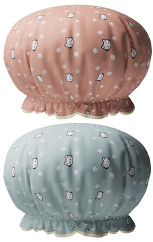 2 Packs Shower Cap Elastic Band Waterproof Bath Caps Double Layers Reusable With Ruffled Edge Covering Ears for Girls and Women