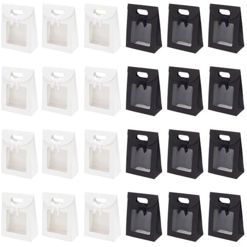 NBEADS 24 Pcs sac Cadeau avec Fenêtre,Sacs en Papier Kraft Noir et Blanc Sac Cadeau Debout avec Poignées Sacs D'Emballage Décoratifs à Nœud Papillon pour Cadeau de Noël Saint-Valentin,16x12x6.1 cm
