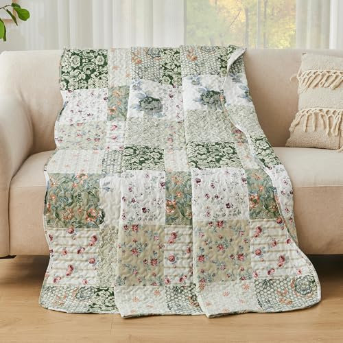 Qucover Patchwork Tagesdecke Patchworkdecke 150x200cm Grün, Leicht Bunt Tagesdecke Einzelbett Sofadecke, Decke Blumen Ultraschall genäht im Landhausstil