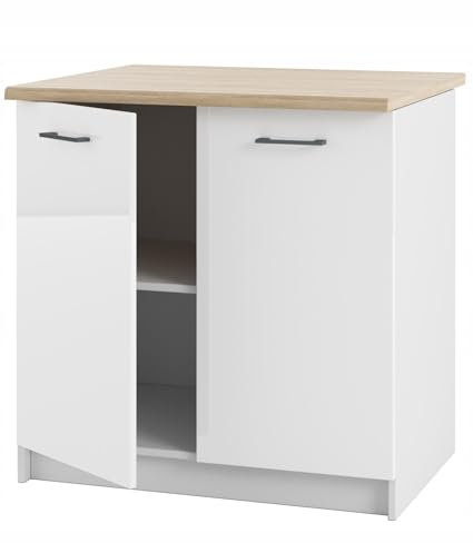 Küchenschrank mit Arbeitsplatte 80 cm - Unterbau - weißer Hochglanz-Akryl - MDF-Fronten - stabile Konstruktion - inklusive Arbeitsplatte Eiche Sonoma - ideal für moderne Küchen