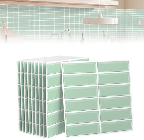 ACXIN 10 Stück Fliesenaufkleber für Küche Bad - PVC 3D Klebefliesen Startseite Dekore, Schälen und Kleben, 30 x 30cm (Pfefferminzgrün Langziegel)