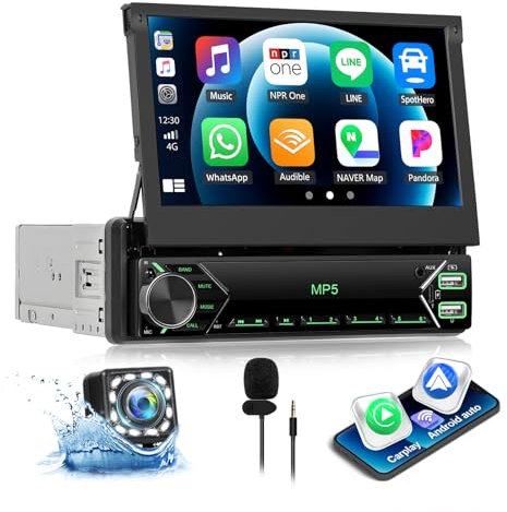 CAMECHO Autoradio 1 Din mit Wireless Carplay mit Rückfahrkamera, 7 Zoll Touchscreen Bluetooth Radio Manuelle Ausfahrbarem Display mit Android Auto Mirror Link FM Lenkradsteuerung 2USB AUX Typ-C Buchse
