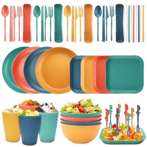 KIMIGO 56 Pièces Vaisselle Camping,Ensemble de vaisselle en Plastique,Vaisselle Plastique Reutilisable,Set Ensembles de Vaisselle de Pique Nique,Passe Au Lave-Vaisselle
