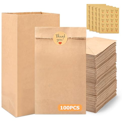 VZZNN 100 Stück kraftpapier tüten 9x18x5.5cm papiertüten klein mit 100 Aufkleber Butterbrottüten DIY Süßigkeiten Beutel Mitgebsel Tüten für Ramadan Kalender Ostern Hochzeit Geburtstag (100)