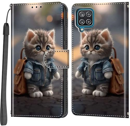 Cover per Samsung Galaxy A12 / Galaxy M12, Antiurto Flip Case Pelle Libro Portafoglio Custodia con Slot per Schede Magnetica Custodia Gatto