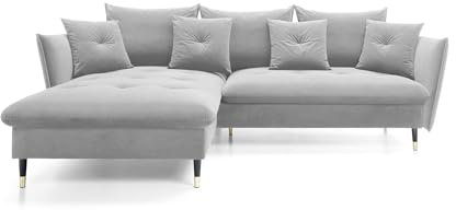 DomoHome Ecksofa Glam mit Schlaffunktion, Freistehend, Ottomane und Goldenen Füßen – Samtsofa im Glamour-Stil für Ihr Wohnzimmer, mit Zierkissen, 258x167x91cm, Linke Seite HELL GRAU