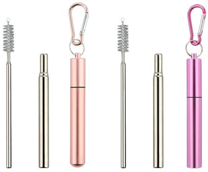 Jimkply Lot de 2 pailles pliables en acier inoxydable, télescopiques, réutilisables, avec brosses de nettoyage, porte-clés et boîtier de rangement, pour les voyages, les pique-niques et le camping (02