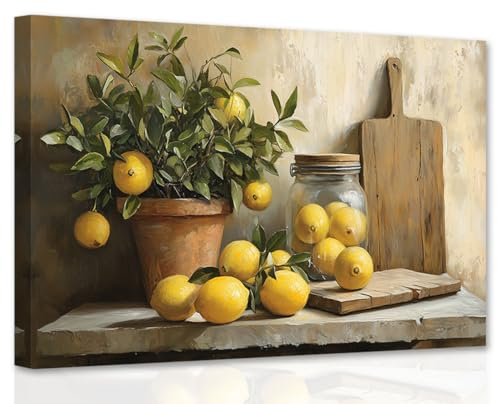 CCWACPP Lemon Wall Art Kitchen Pictures Decor Fruit Canvas Art Yellow Lemon Painting Print Rustic Kitchen Dining Room Restaurant Decor Framed (30L x 45W cm)