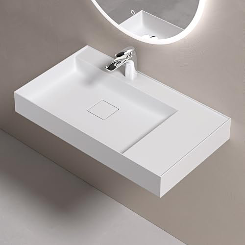 doporro Lavabo sobre Encimera Lavabo Suspendido de Mármol Fundido 70x46x12cm en Blanco Mate con Desagüe Colossum630