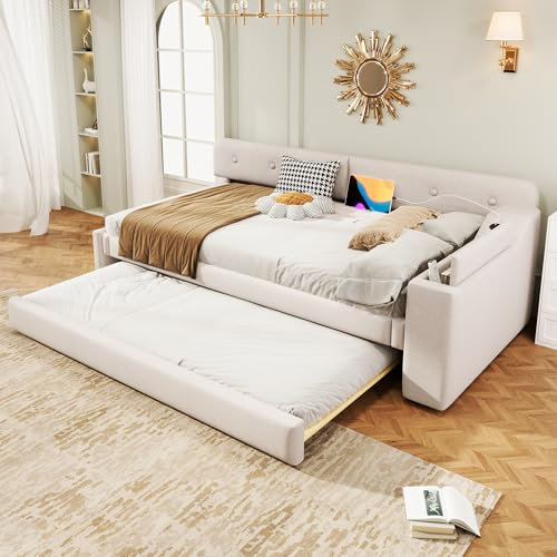 Huayz Schlafsofa Funktionsbett 90×200cm,Ausziehbett Gleiche Höhe, Ausziehbares Tagesbett 90×190cm,mit USB+Type-c Aufladen,Polsterbett,Leinen,ohne Matratze (Beige)