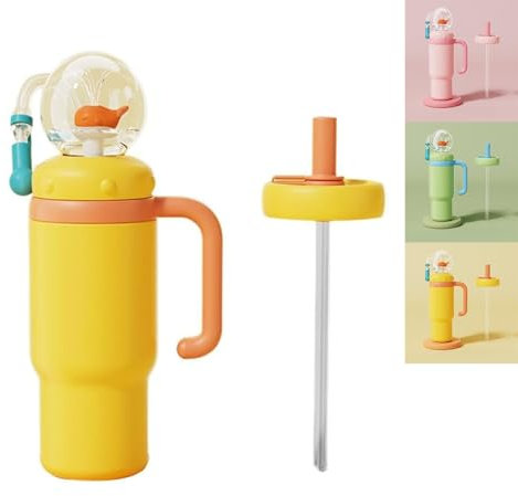 Whale Fountain Tumbler en acier inoxydable avec poignée, deux couvercles, anti-fuite, pour enfants, adolescents (jaune)