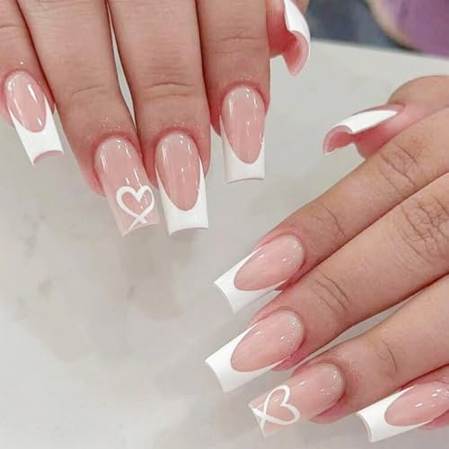 Pink Press on Nails, Long Coffin False Nails - French Tip Pink & White Fake Nail with Heart Accents, 24pcs Full Cover Stick on Nails with Glue, Glossy Elegant Press-Ons for Parties