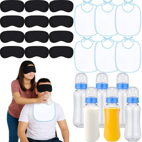Leinuosen 24 Pcs Baby Shower Blindfold Feeding Game Set Include 6 Plastic Chug Bottles 6 Bib and 12 Eye Mask Blindfold Baby Feeding Bottle Chug Game for Adult Gender Reveal Party Supplies(Blue)