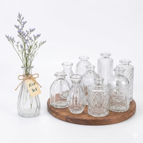 Relaxdays set of 10 vases, textured, vintage design, glass, H: 10–14.7 cm, small decorative table vases, transparent | H: 10-14.7 cm, small decorative vases for table decoration