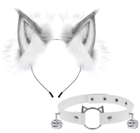 YAEGIMHT Fuchs Katzenohren Stirnband & Halsband Set Haarreif Fasching Fuchsohren Haarreif Handgefertigtes Kunstfell Kostüm Zubehör für Erwachsene, Karneval Cosplay Halloween Fasching Damen Herren