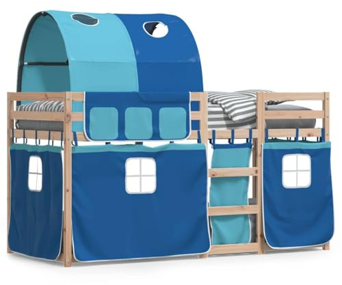 Xhnifnb Etagenbett Kiefernholz 80x200 cm mit Blauem Vorhang Set Modernes Massivholz Kinderbett Rausfallschutz Leiter für kleine Räume und Mehrbettzimmer