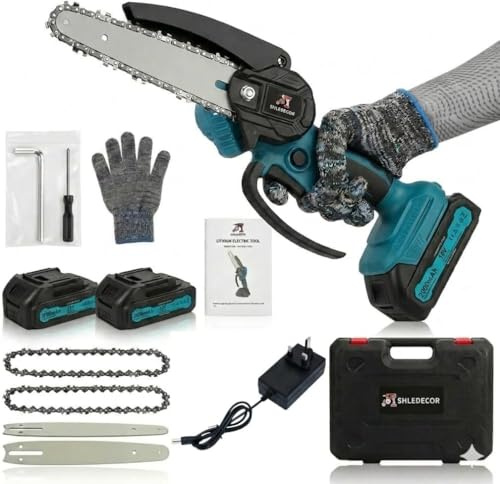 Mini Cordless Chainsaw 8-Inch, 4000W Portable Electric Chain Saw with 2 Batteries & 2 Chains, Lightweight Handheld Power Tool with Safety Lock for Tree Trimming, Wood Cutting & Garden Use