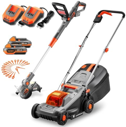 FUXTEC 20V Akku Garten Geräte Set FX-E1RM20ECO-SET & FX-E1RT20-SET • Akku Rasenmäher 30cm & Rasentrimmer 25cm • 2X 2Ah Akku mit Ladegerät • Wechselakku System • Kabellos • Akkumäher mit 30L Fangkorb