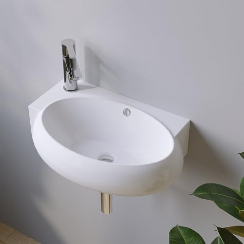 Aqualavos Lavabo de salle de bain en céramique ovale suspendu Petit 44 x 29 x 13,5 cm – avec trop-plein et trou de robinet (à gauche), sans meuble inférieur, montage mural, bord ultra fin, nombreuses