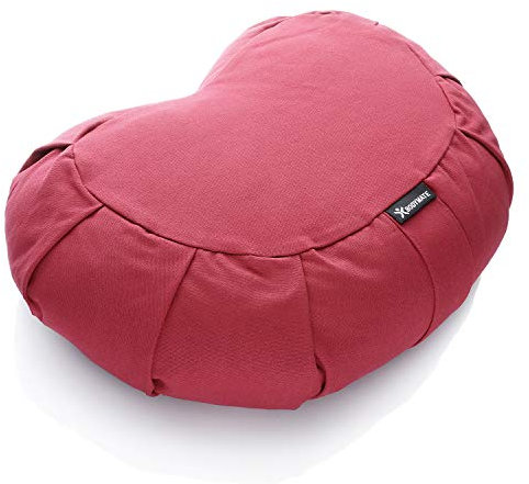BODYMATE Halbmond Yogakissen 42cm lang 30cm breit und 15cm hoch Red-Wine mit Buchweizen-Spelz Füllung – Maschinenwaschbarer Bezug aus 100% extra Dicker Baumwolle – Meditationskissen – Sitzkissen