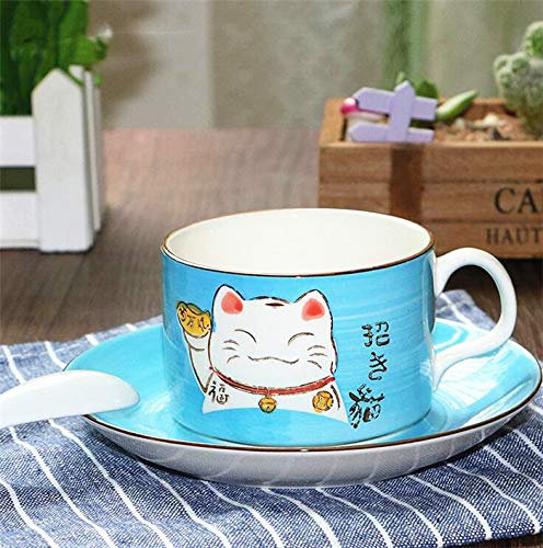 EatingBiting 5 Colors Handcraft Lucky Cat Maneki Neko Ceramic Tea Cups Mugs Dish Spoon 3PCs (blue)