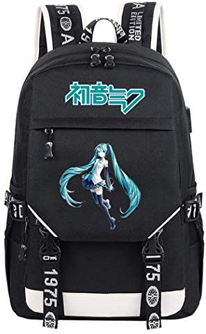 WANHONGYUE Hatsune Miku Anime Cosplay Rucksack Schultasche Laptop Backpack mit USB-Ladeanschluss Schwarz / 24