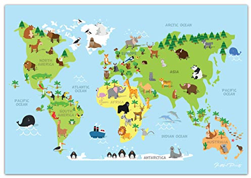 Faithful Prints Children's Animal Map of the World Poster Geography Print Wall Art for Kids Room (Blue) (A1 (594mm x 841mm))