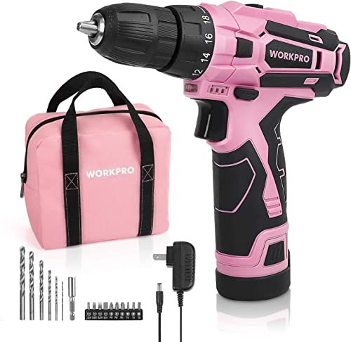 WORKPRO Pink Cordless Drill Driver Set, 12V Electric Screwdriver Driver Tool Kit for Women, 3/8 Keyless Chuck, Charger and Storage Bag Included - Pink Ribbon