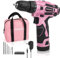 WORKPRO Pink Cordless Drill Driver Set, 12V Electric Screwdriver Driver Tool Kit for Women, 3/8 Keyless Chuck, Charger and Storage Bag Included - Pink Ribbon