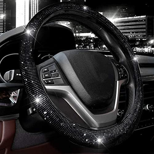 Valleycomfy Lenkradhülle für Damen, Bling Bling Bling Kristall Diamant Funkelnde Auto SUV Radschutz Universal Fit 15 Zoll (Schwarz mit schwarzem Diamant, M (14 Zoll, 1/2-15 Zoll, 1/4)