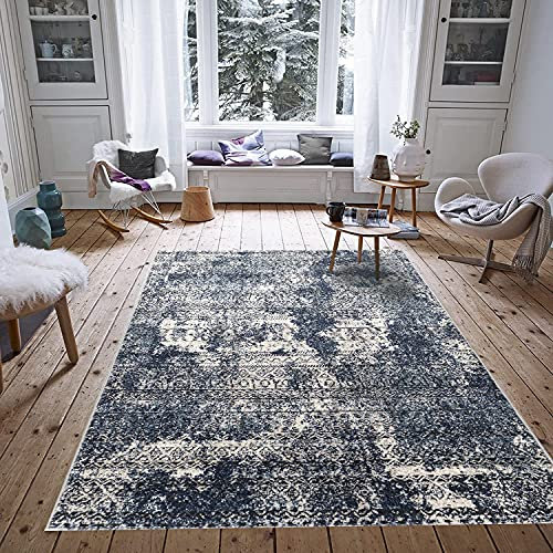 Carpetilla Kurzflor Palmas Wohnzimmer Teppich Vintage Antik Abstrakt Optik Grau/Blau (80x150 cm)