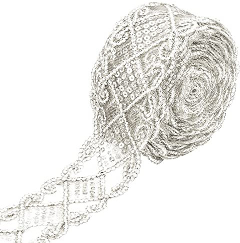10 Yards Vorhang Pailletten Spitze, Einfassborte Spitze Pailletten Lace, Borte Band für Handgefertigte Heimwerker-Hochzeitsvorhänge, Handwerkliche Herstellung (Silber)