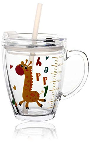 Siqitech - Taza de leche infantil con pajita de silicona y tapa, 400 ml, taza de agua de dibujos animados con escala