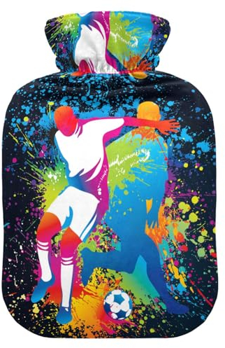 Hot Water Bottle, 2L Large Hot Water Bottles with Cover, Leak Proof Best for Winter Sports Outdoors Relief from Back, Neck and Leg Cold Muscle Pain and Cramps (Football Players with A Soccer Ball)
