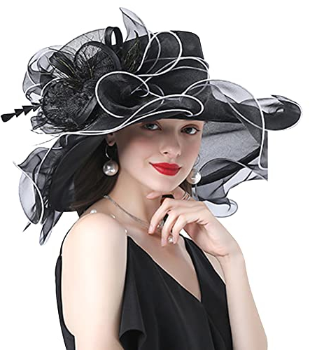 ITODA Fascinator Damen Organza Hut Blumen Feder Sonnenhut Kirche Hochzeit Frauenorganza Elegant Sommerhut Sonnenschutz Strandhut Breit Krempe Organzahut Mesh Damenhut Cocktail Party Schwarz