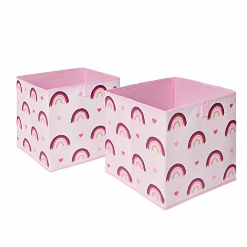 OHS Pack of 2 Rainbow Print Kids Storage Toys Games Box Clothing Space Saving Foldable Organiser Cube, Blush Pink