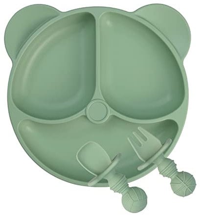 Lanjue Silicone Suction Toddler Plate, Divided Baby Weaning Plate with Spoon Fork for Kids High Chairs and Tables (Green)