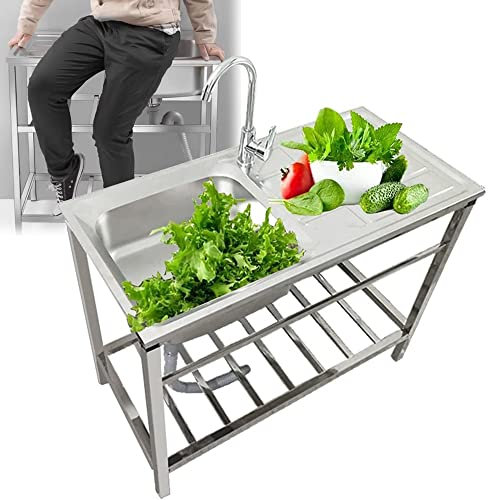 EMISOO Évier De Restaurant Indépendant Évier Cuisine avec Plate-Forme D'exploitation, Evier sur Pied À Une Cuve, Évier en Acier INOX 1 Compartiment, pour Buanderie/arrière-Cour/Garage (Color : Single