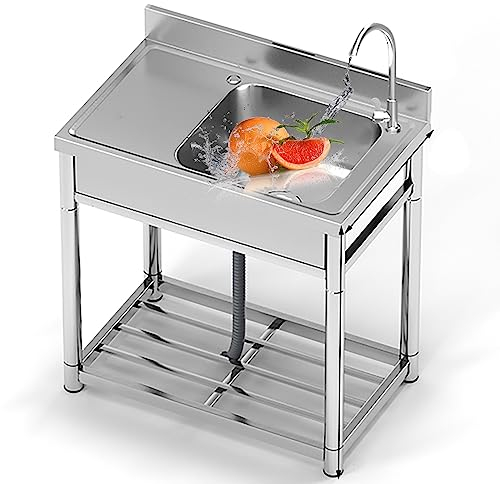 Kommerzielle Einzelbecken-Küchenspüle Mit Werkbank, Edelstahl-Waschbecken. Gewerbliche Einzelbecken-Küchenspüle Mit Abtropfflächen Und Wasserhahn Für Den Arbeitsplatz, Außenküchen- Oder Barspülen (F