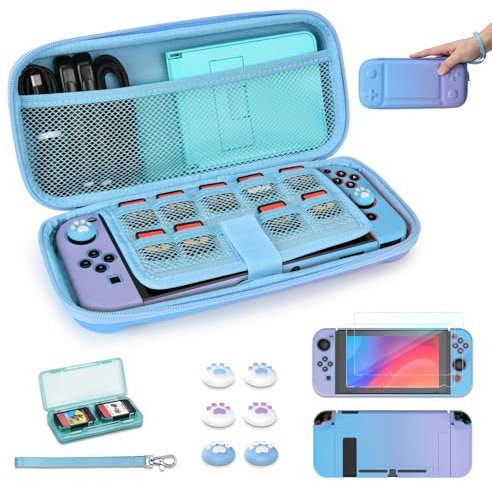 Younik Switch Tasche für Switch 2017 Modell, 14 in 1 Switch Zubehör Bundle mit Switch Tragetasche, schützendes Zubehör für Switch Konsole & J-Con, Game Card Case (Blau und Lila, Knopf Typ)