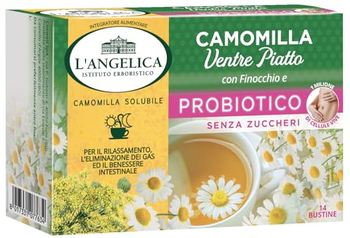 L'Angelica, Camomilla Ventre Piatto, Camomilla Solubile, Per il Rilassamento, Eliminazione dei Gas, Con Finocchio, Probiotico, Senza Zuccheri, 12 Confezioni da 14 Bustine